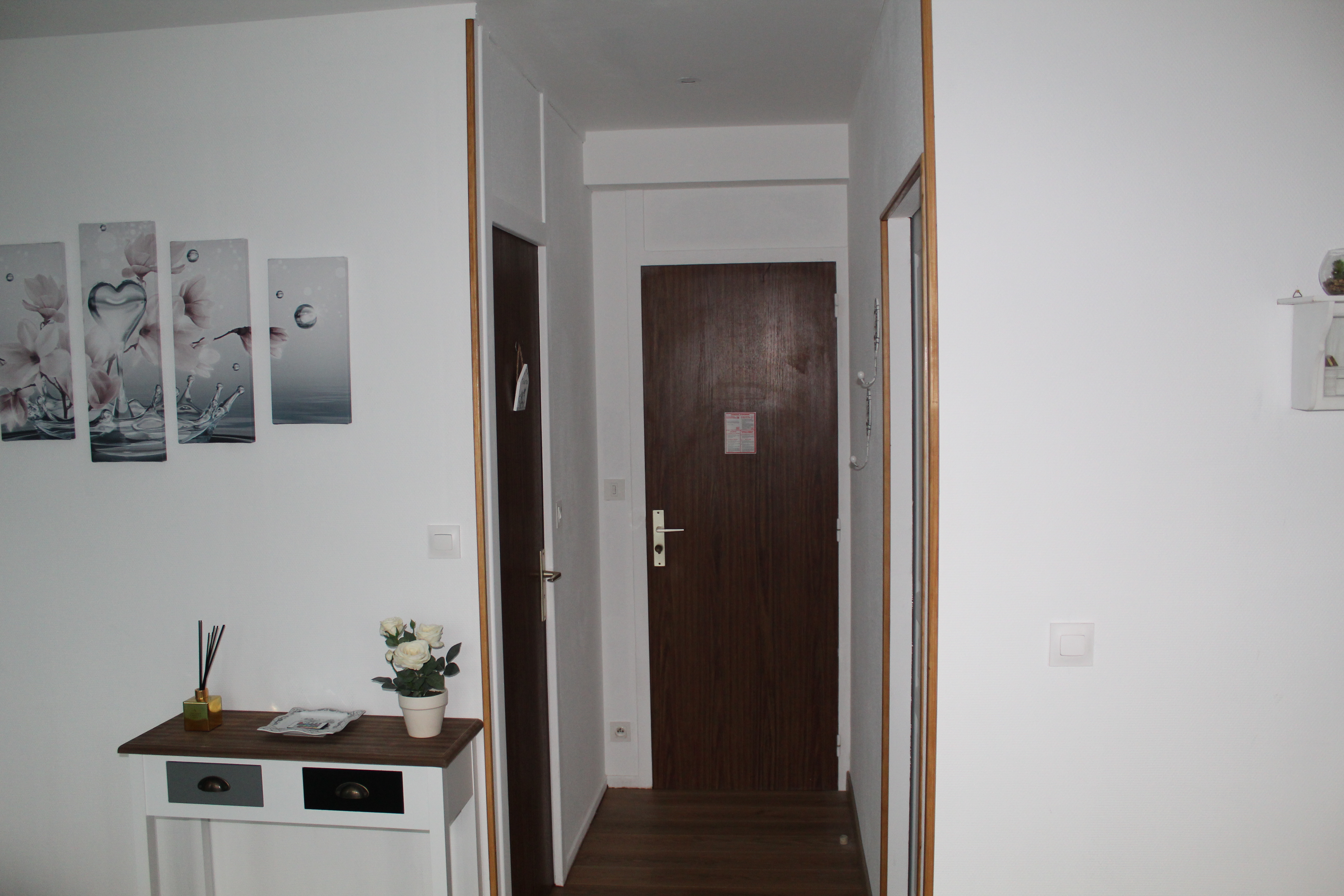 Porte d'entrée, à droite la salle de douche et à gauche les toilettes de la chambre Girly - la Ruche Cantalienne.